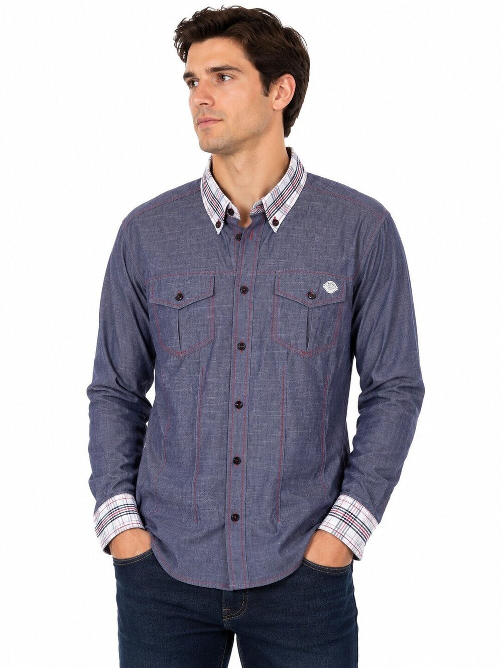 Frankie Morello Blue Chambray Button-Down Shirt Plaid Collar Long Sleeve -XXL
